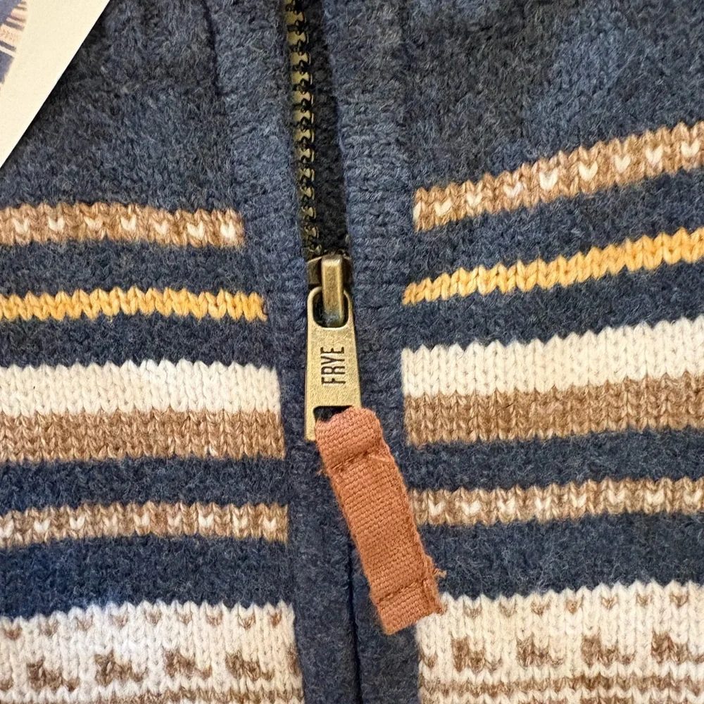 NEW! Frye Navy and Tan Patterned Zip-Up Cardigan Sweater - Picture 2 of 6